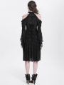 Black Gothic Beaded Cold Shoulder Flared Sleeve Drawstring Dress