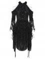 Black Gothic Beaded Cold Shoulder Flared Sleeve Drawstring Dress