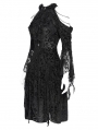 Black Gothic Beaded Cold Shoulder Flared Sleeve Drawstring Dress