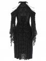 Black Gothic Beaded Cold Shoulder Flared Sleeve Drawstring Dress