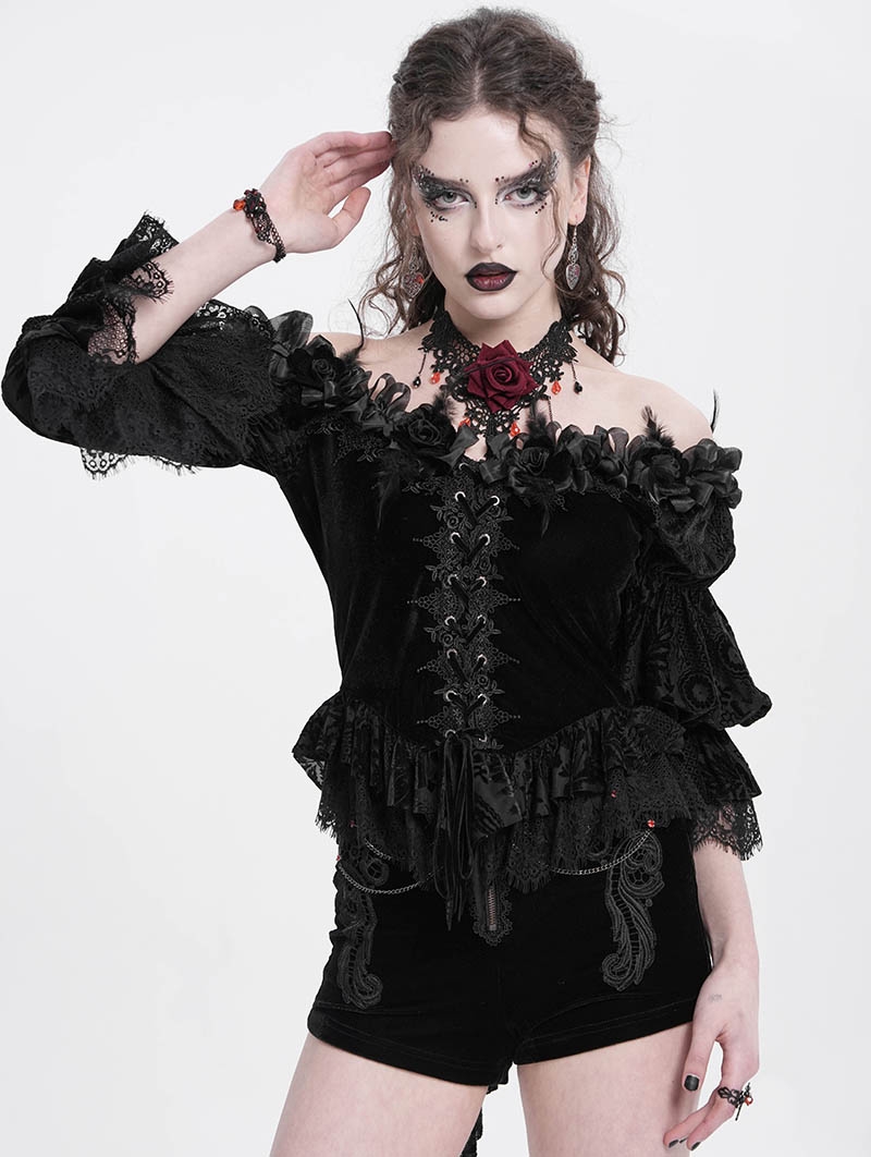 Black Gothic Off-Shoulder Flower Feather Velvet Top for Women