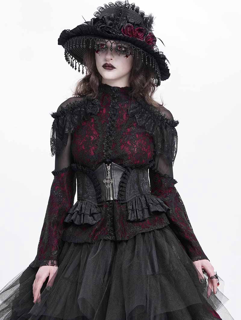 Black Gothic Retro Ruffled Front Zip Underbust Waistband for Women