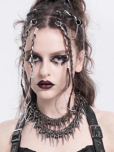 Silver Gothic Punk Spiked Rivet Double Layered Necklace