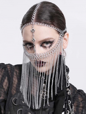 Gothic Punk Silver Cross Skull Face Chain Tassel Headdress