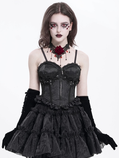 Black Gothic Lace Applique Ruffle Overbust Corset Top for Women