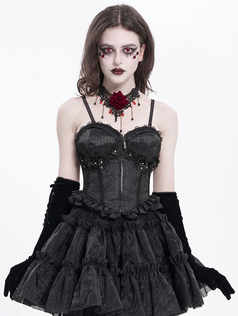 Black Gothic Lace Applique Ruffle Overbust Corset Top for Women