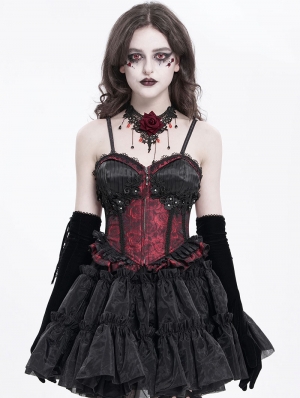 Red Gothic Lace Applique Ruffle Overbust Corset Top for Women