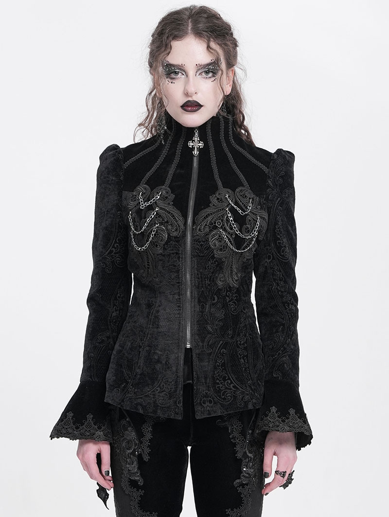 Black Gothic Velvet Retro Pattern Lace Applique Fitted Jacket for Women