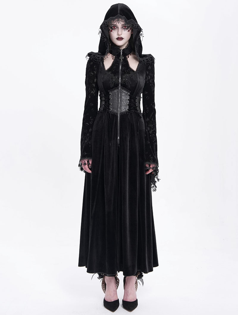 Black Gothic Velvet Hollow Out Flared Sleeve Hooded Long Coat for Women