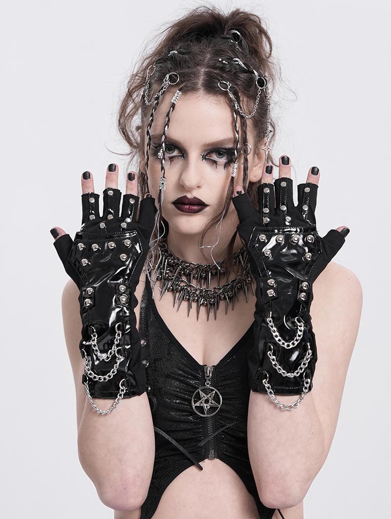 Black Gothic Punk Studded Faux Leather Gloves for Women