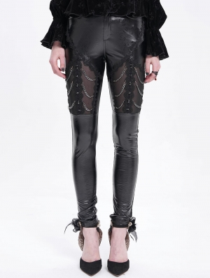 Black Gothic Punk Mesh Chain Synthetic Leather Pants for Women