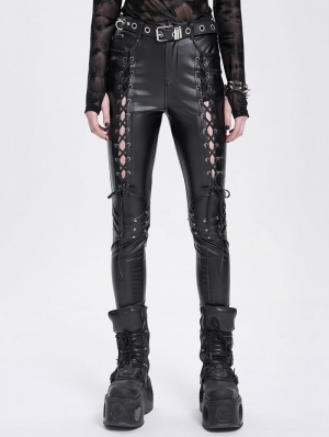 Black Gothic Punk Hollow Out Lace-Up Synthetic Leather Pants for Women