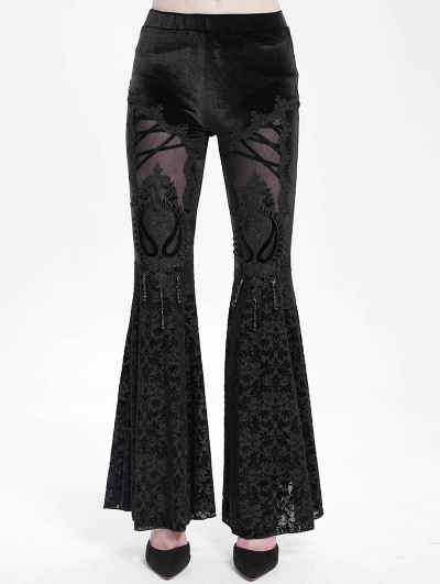 Black Gothic Retro Sexy Velvet Lace Applique Flared Pants for Women