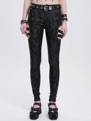 Black Gothic Punk Skull Rivet Cutout Buckle Skinny Pants for Women