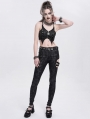 Black Gothic Punk Skull Rivet Cutout Buckle Skinny Pants for Women