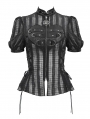 Black Gothic Punk Heart Striped Puff Short Sleeve Shirt for Women