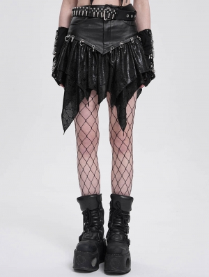 Black Gothic Punk O-Ring Irregular Spliced Pleated Mini Skirt