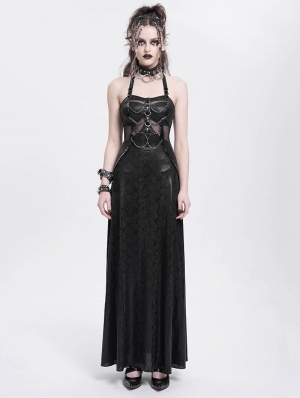 Black Sexy Gothic Punk Chain Halter Neck Tie Back Maxi Dress