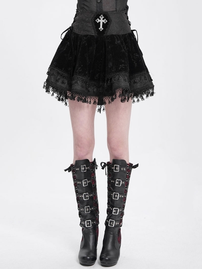 Black Gothic Cross Velvet Splicing Fringe Short Skirt