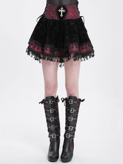 Red Gothic Cross Velvet Splicing Fringe Short Skirt