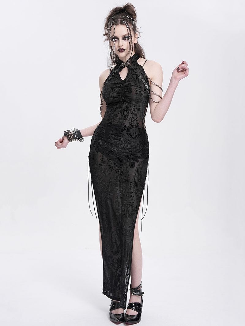 Black Sexy Gothic Cheongsam Style Chain Straps High Slit Maxi Dress