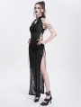 Black Sexy Gothic Cheongsam Style Chain Straps High Slit Maxi Dress