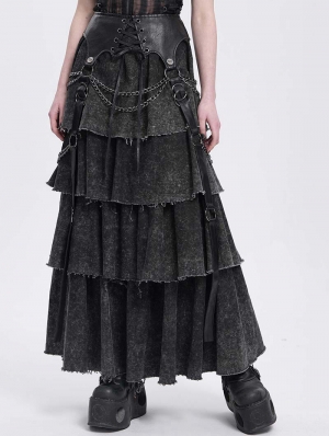 Black Gothic Punk Distressed Strap Layered Ruffle Maxi Skirt