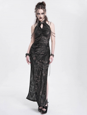 Black Patterned Sexy Gothic Cheongsam Style Chain Straps High Slit Maxi Dress