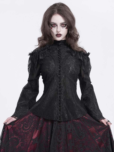 Black Sexy Gothic Lace Mesh Splicing Flared Sleeve Top for Women