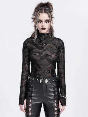 Black Gothic Punk Studded Thumb Hole Long Sleeve T-Shirt for Women