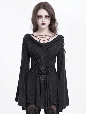 Black Retro Gothic Beaded Ruched Lace Applique Bell Sleeve Top for Women