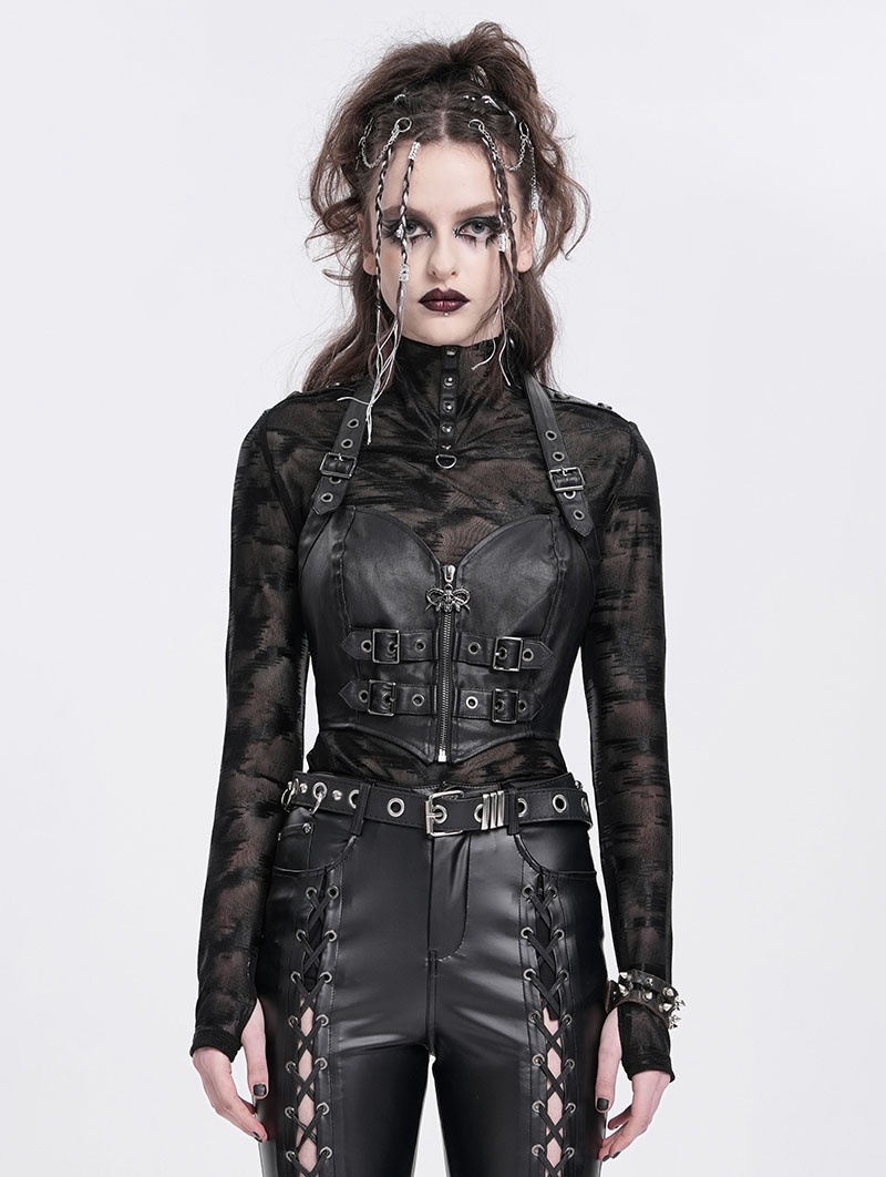 Black Gothic Punk Zip Buckled Sweetheart Halter Vest Top for Women