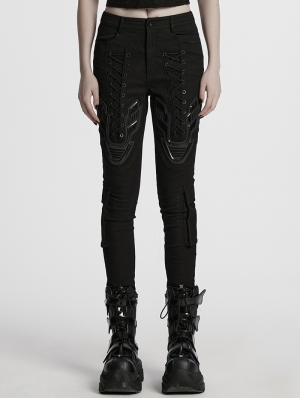 Black Gothic Cyberpunk Armor Patch Tight Leggings for Women