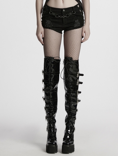 Black Gothic Punk Sexy Women's Denim Shorts with Detachable Chain