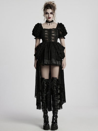 Black Embroidered Lace Gothic Lolita Short Sleeve High-Low Party Dress