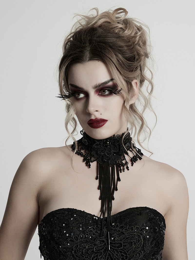 Black Gothic Gorgeous Lace Flower Bead Tassel Necklace