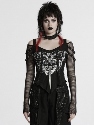Black Gothic Punk Printed Off-the-Shoulder Long Sleeve T-Shirt for Women