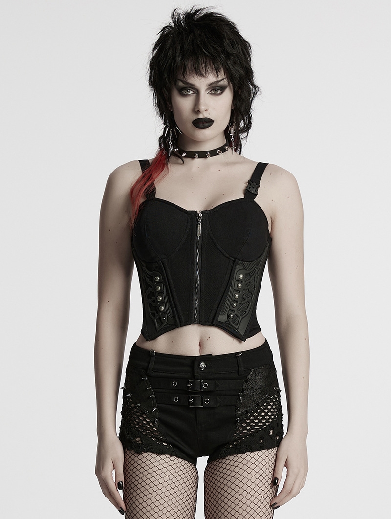 Black Gothic Sexy Cyberpunk Buckle Strap Corset Top for Women