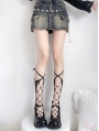 Black Gothic Cross Strap Fishnet Mid-Calf Socks