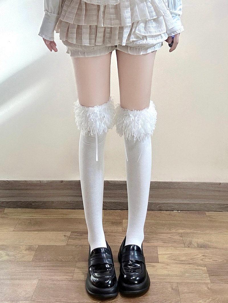 White Faux Feather Trim Thigh High Socks