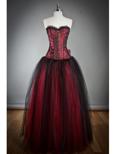 Wine Red Long Gothic Corset Prom Dress - Devilnight.co.uk