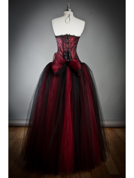 Wine Red Long Gothic Corset Prom Dress - Devilnight.co.uk