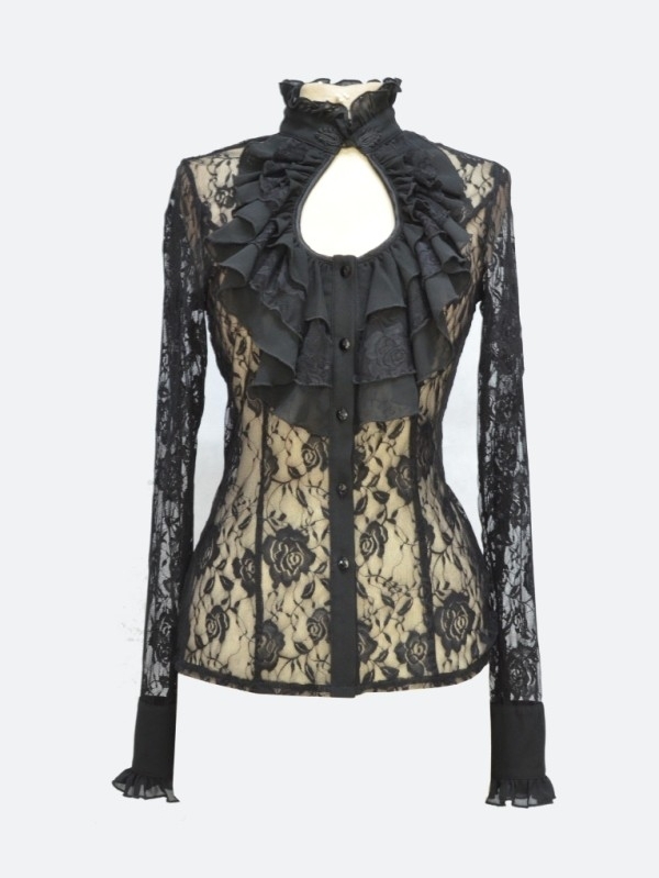 Black Rose Lace Keyhole Sexy Gothic Blouse for Women