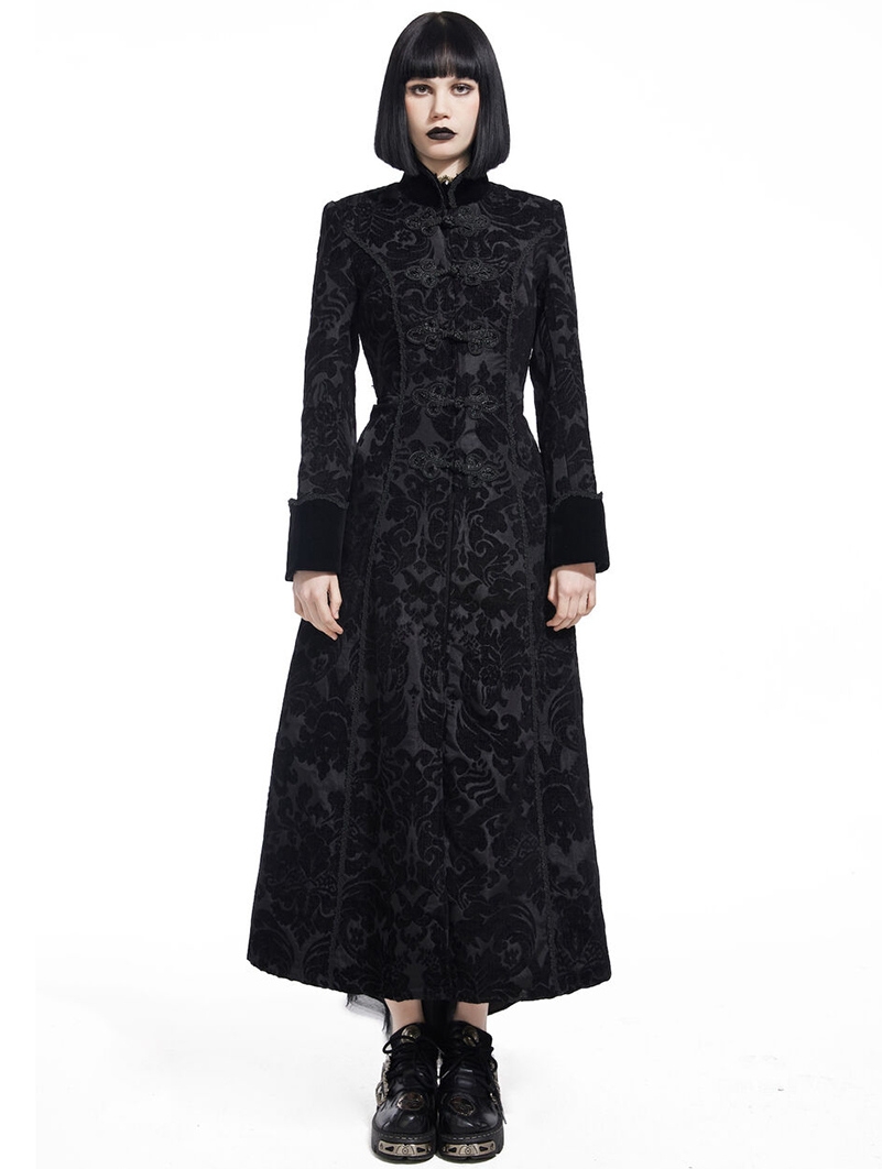 Black Printed Pattern Double-Breasted Gothic Long Coat for Women