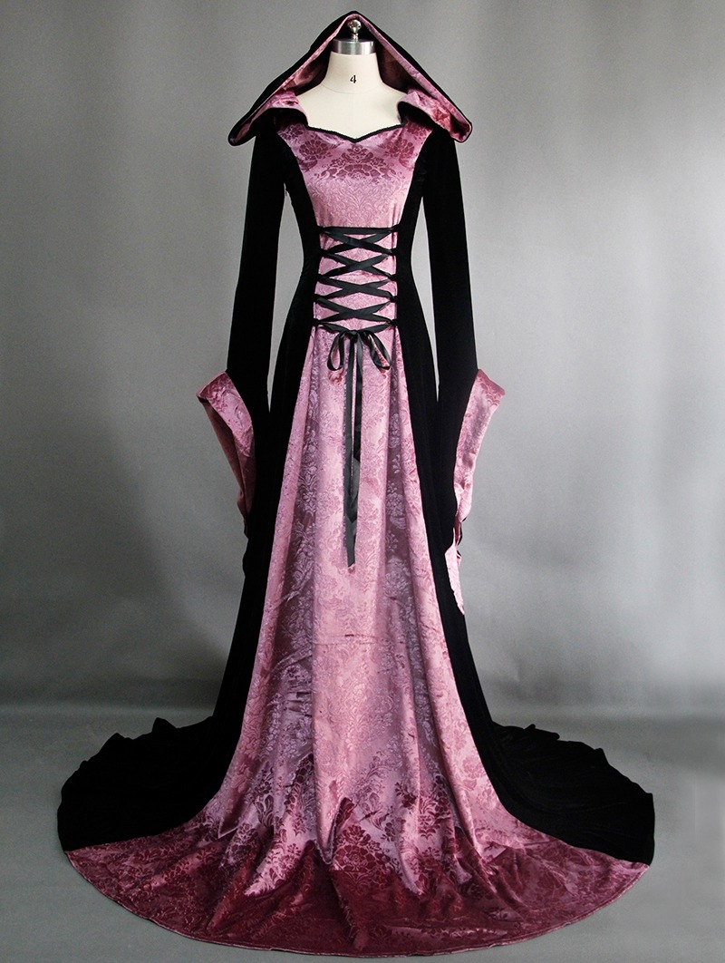 Purple and Black Velvet Gothic Hooded Medieval Dress