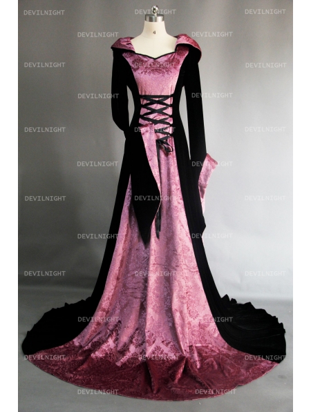 Purple and Black Velvet Gothic Hooded Medieval Dress - Devilnight.co.uk