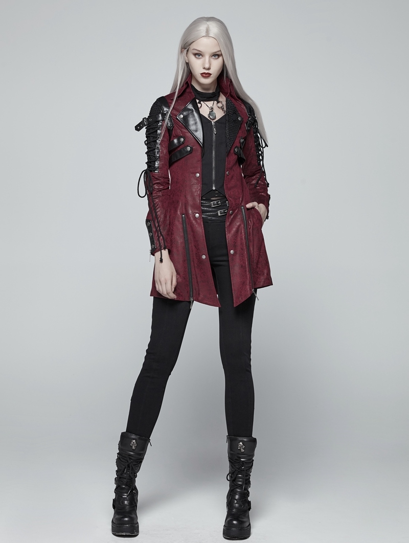 Red and Black Long Sleeves Leather Gothic Trench Coat for Women