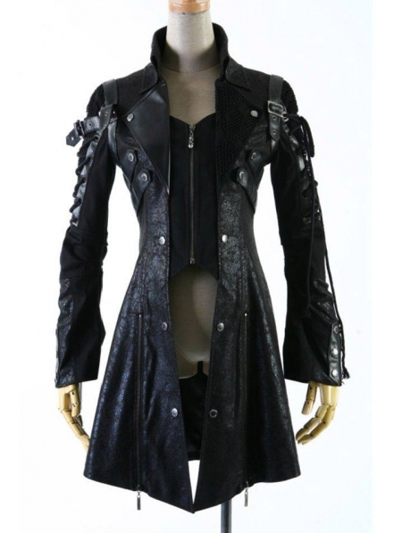 Black Long Sleeves Leather Gothic Trench Coat for Women - Devilnight.co.uk