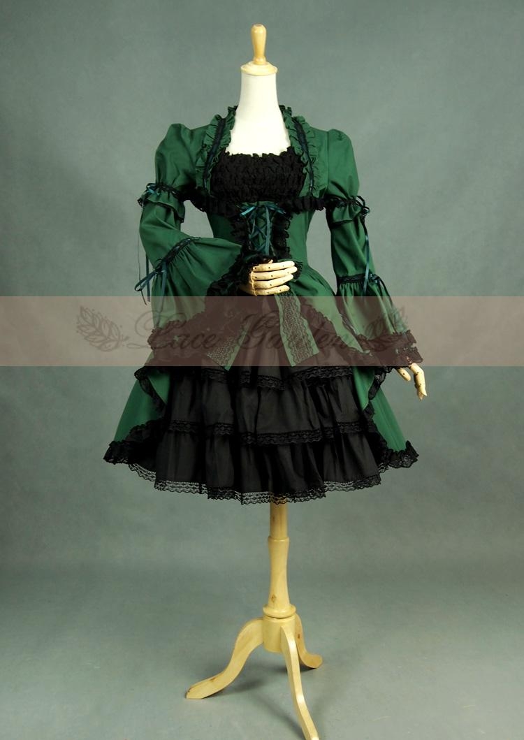 Green and Black Long Sleeves Gothic Lolita Dress