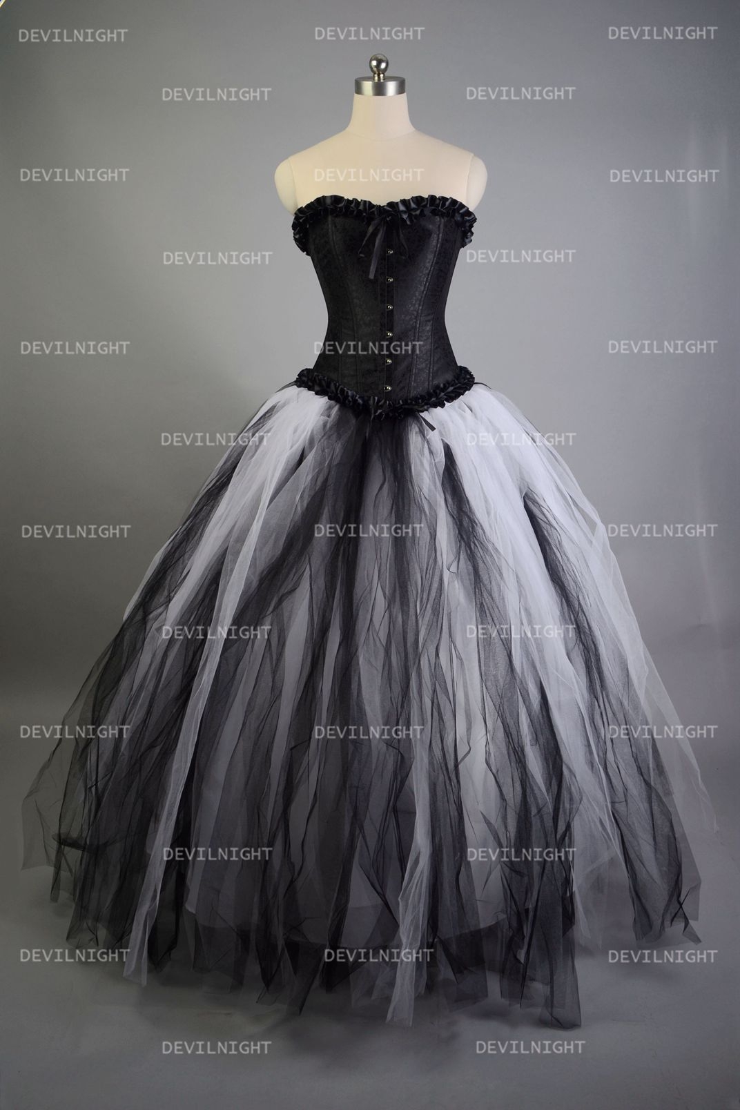 Romantic Black and White Gothic Corset Long Prom Dress